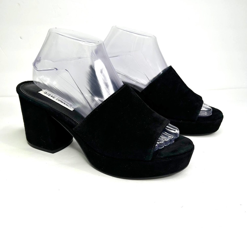 Steve Madden Relax Black Suede Chunky Heel Platform Sandal Mule